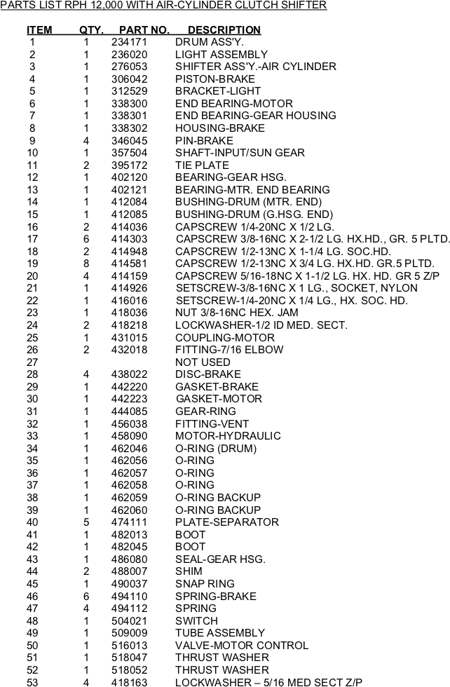 Ramsey Winch RPH 12000 Parts - Air Shift List