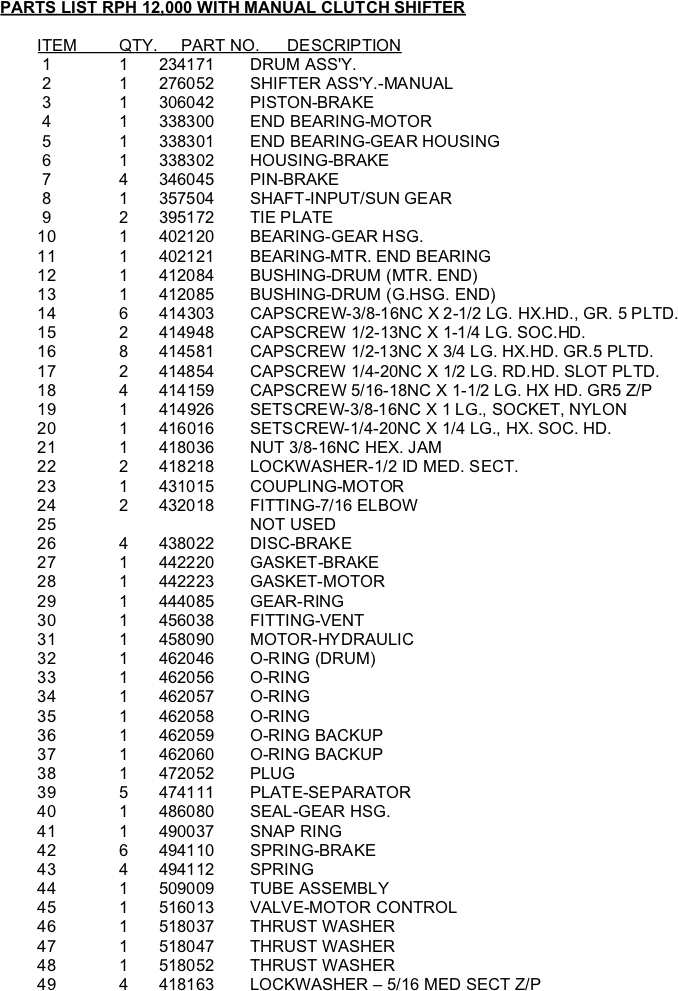 Ramsey Winch RPH 12000 Parts List - Manual Shift