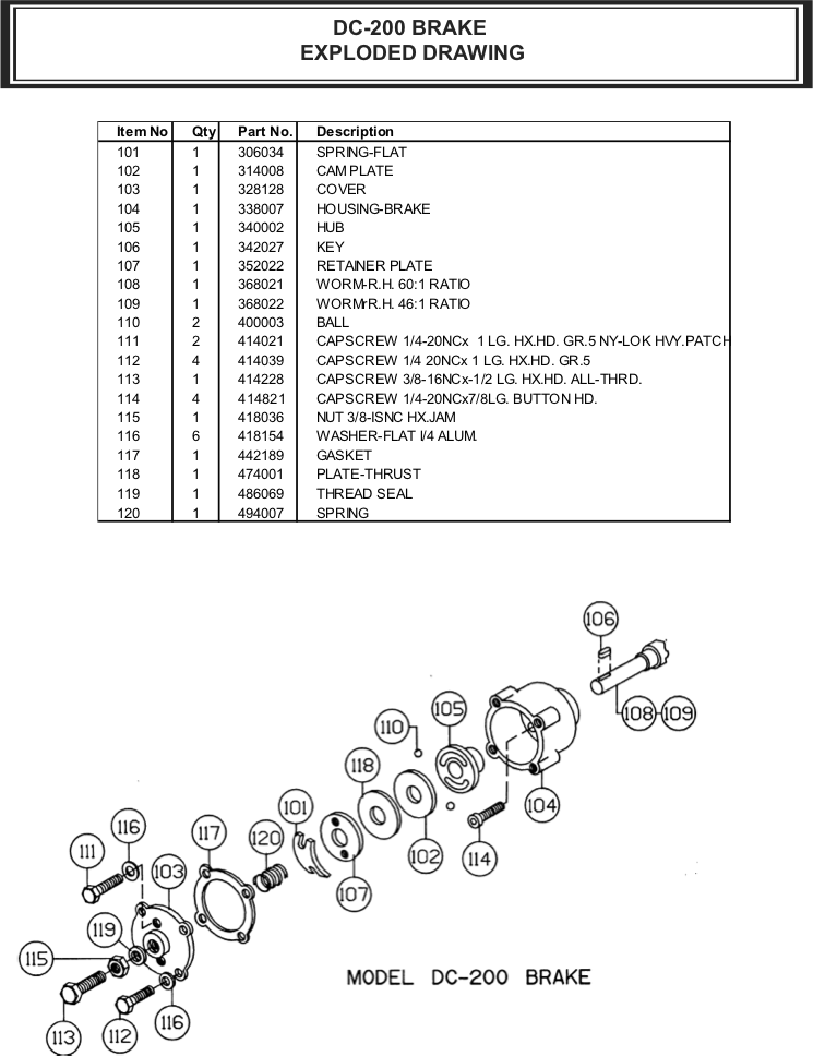 Ramsey Winch Electric DC-200 Series Brake Parts