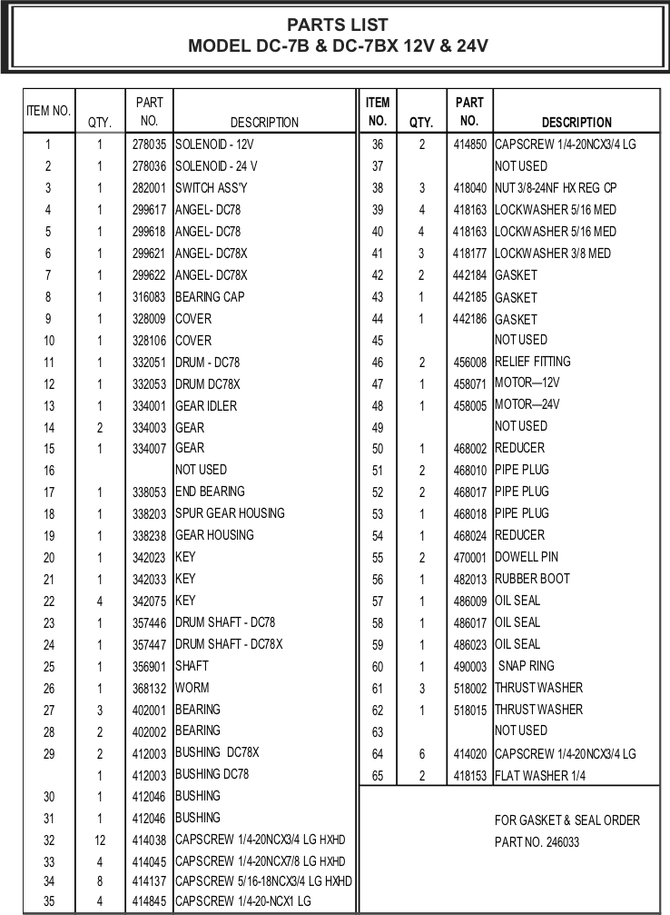 Ramsey Winch Electric DC-7 DCX-7 Parts List