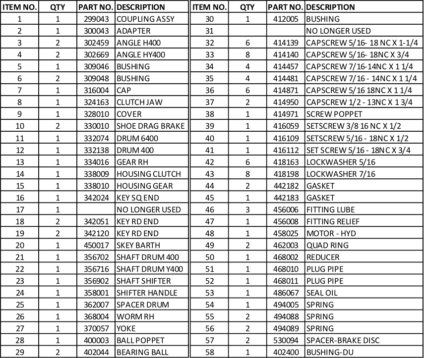 Ramsey Winch Hydraulic H-400 Series Parts List