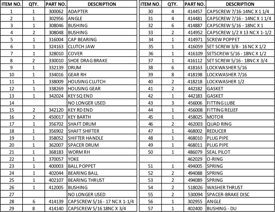 Ramsey Winch Hydraulic H-400 Series Parts List