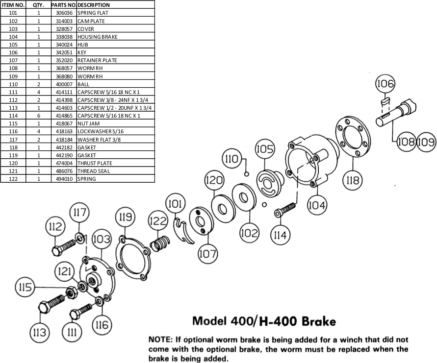 Ramsey Winch Hydraulic H-400 Series Brake Parts Diagram