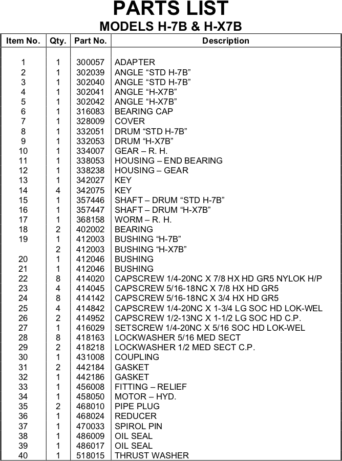 Ramsey Winch H-7 HX-7 Parts List