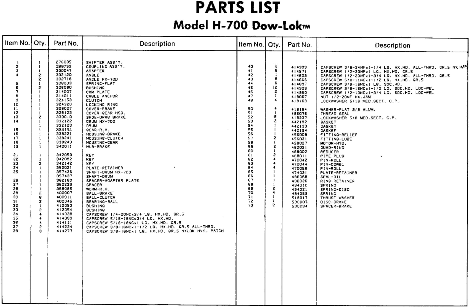 Ramsey Winch Hydraulic H-700 and HX-700 Parts List