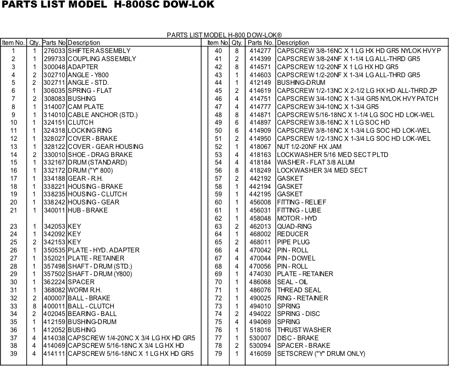 Ramsey Winch Hydraulic H-800 and HY-800 Parts List