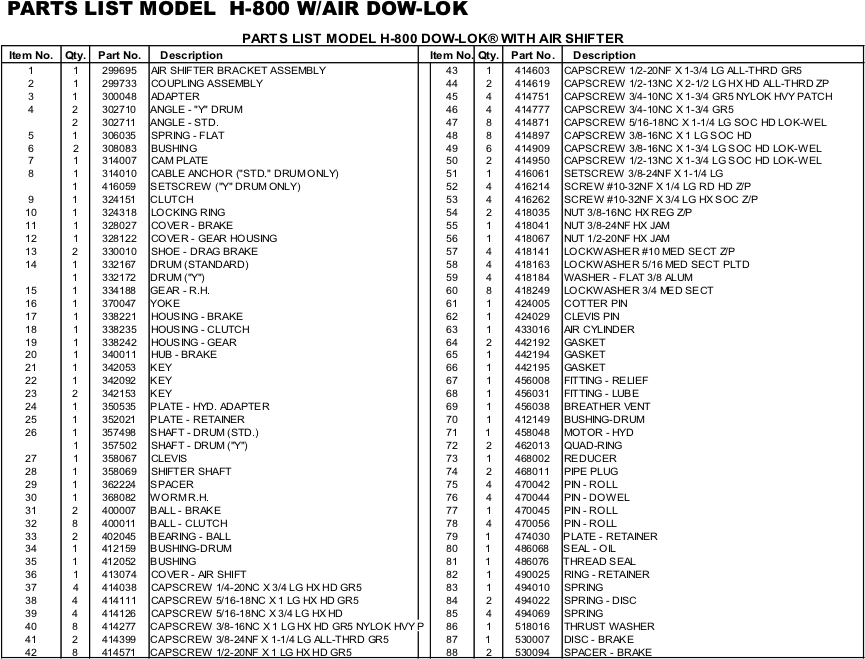 Ramsey Winch Hydraulic H-800 and HY-800 Dow-Lok Parts List