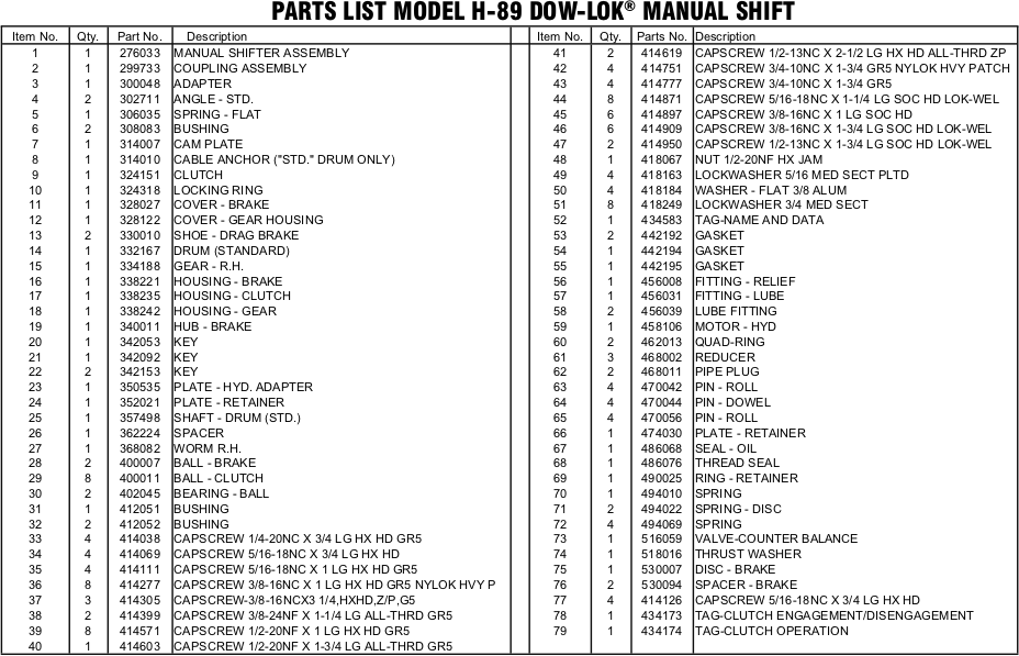 Ramsey Winch Hydraulic H-89 Parts List
