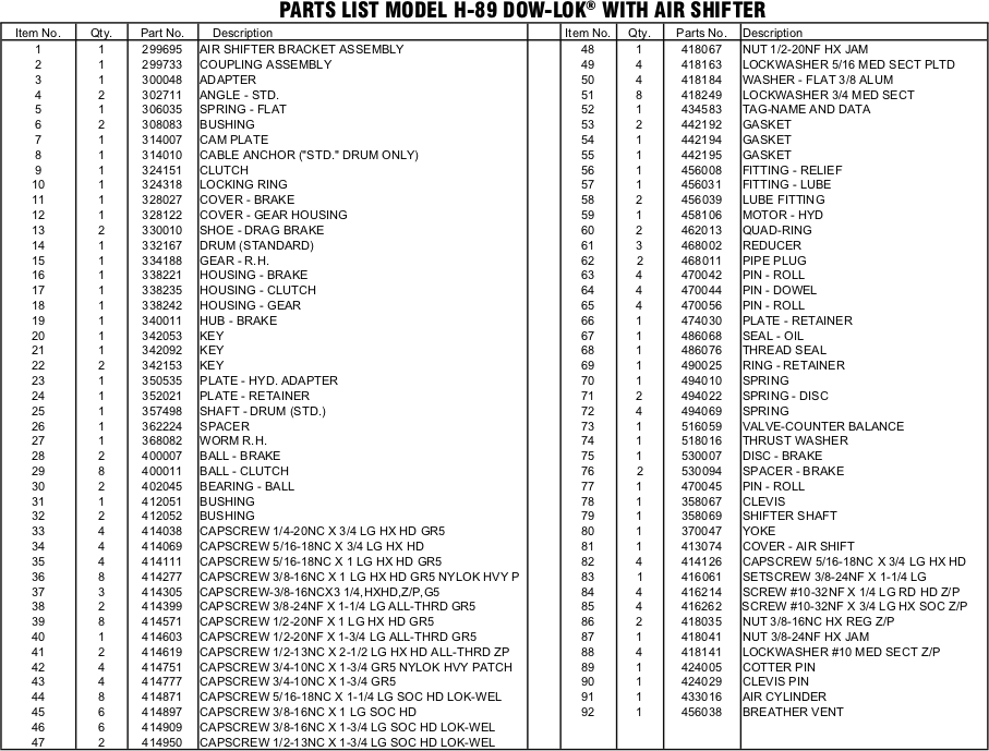 Ramsey Winch Hydraulic H-89 Parts Dow-Lok List