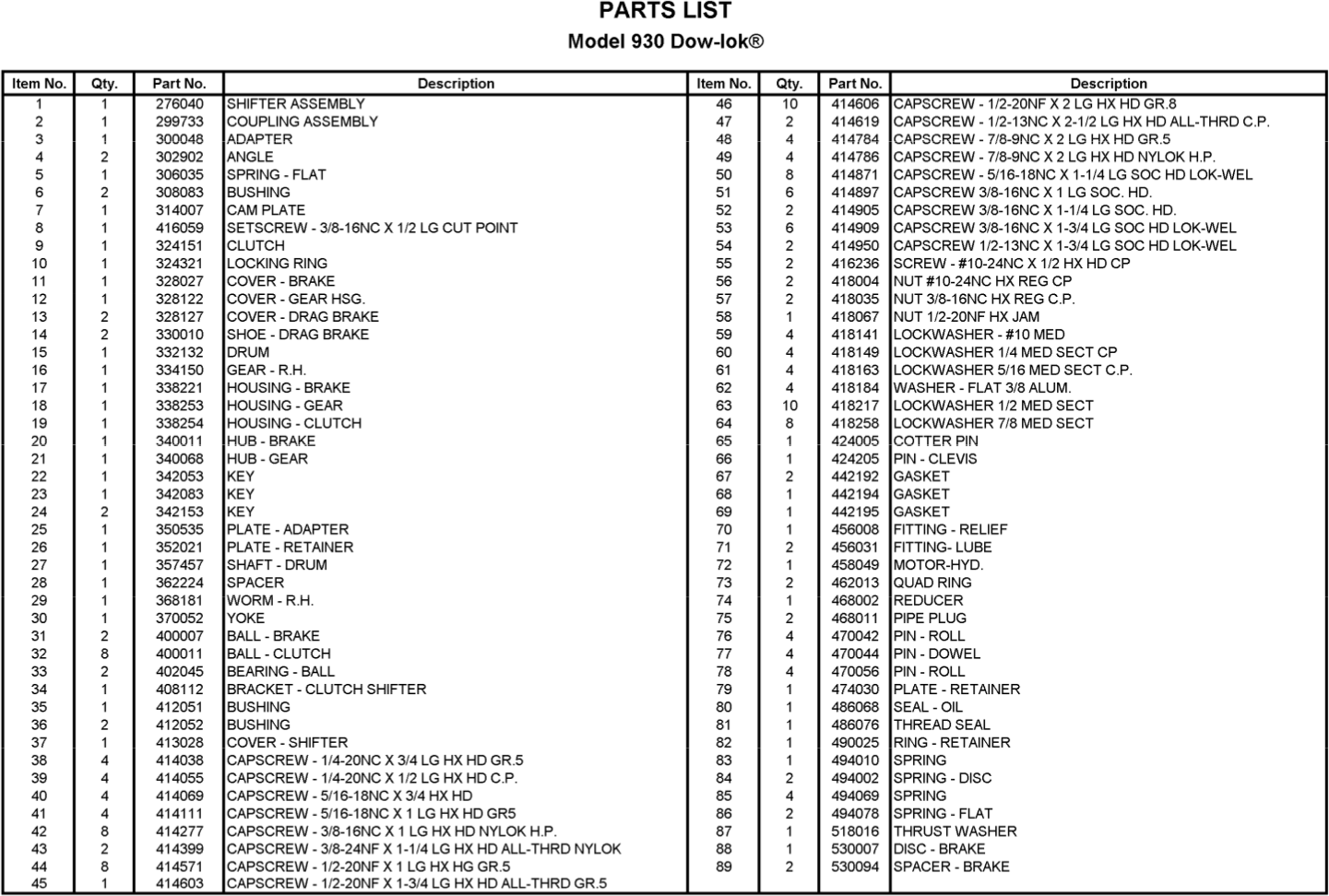 Ramsey Winch Hydraulic H-930 Parts List