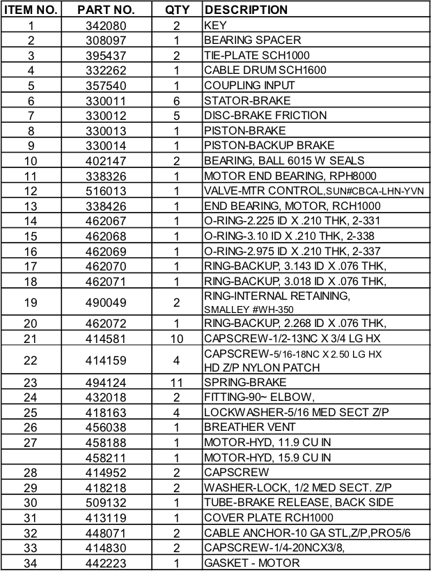 Ramsey Winch RCH 1000 Parts List