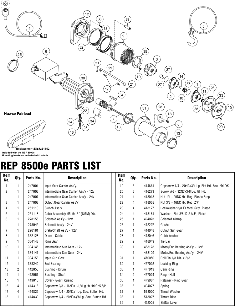 Ramsey Winch REP 8.5e Parts