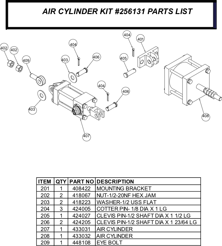 256131 Air Cylinder Kit Parts List