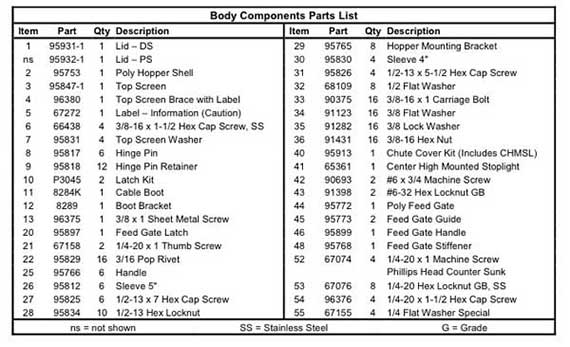 FISHER POLY-CASTER GENERATION 1 HOPPER PARTS LIST