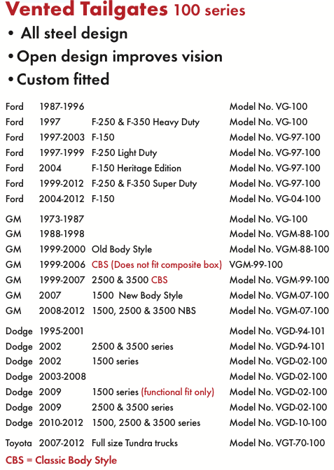 VENTED TAILGATES 100 series chart