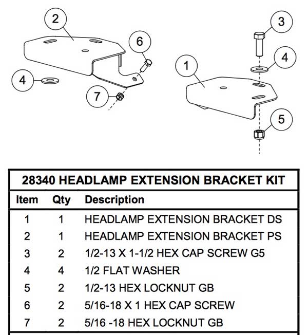28340 Headlamp Extension Parts List